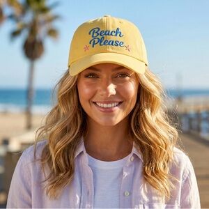 Beach Please Yellow Dad Hat Blue Script Starfish Velcro Strap Summer Cap Unisex